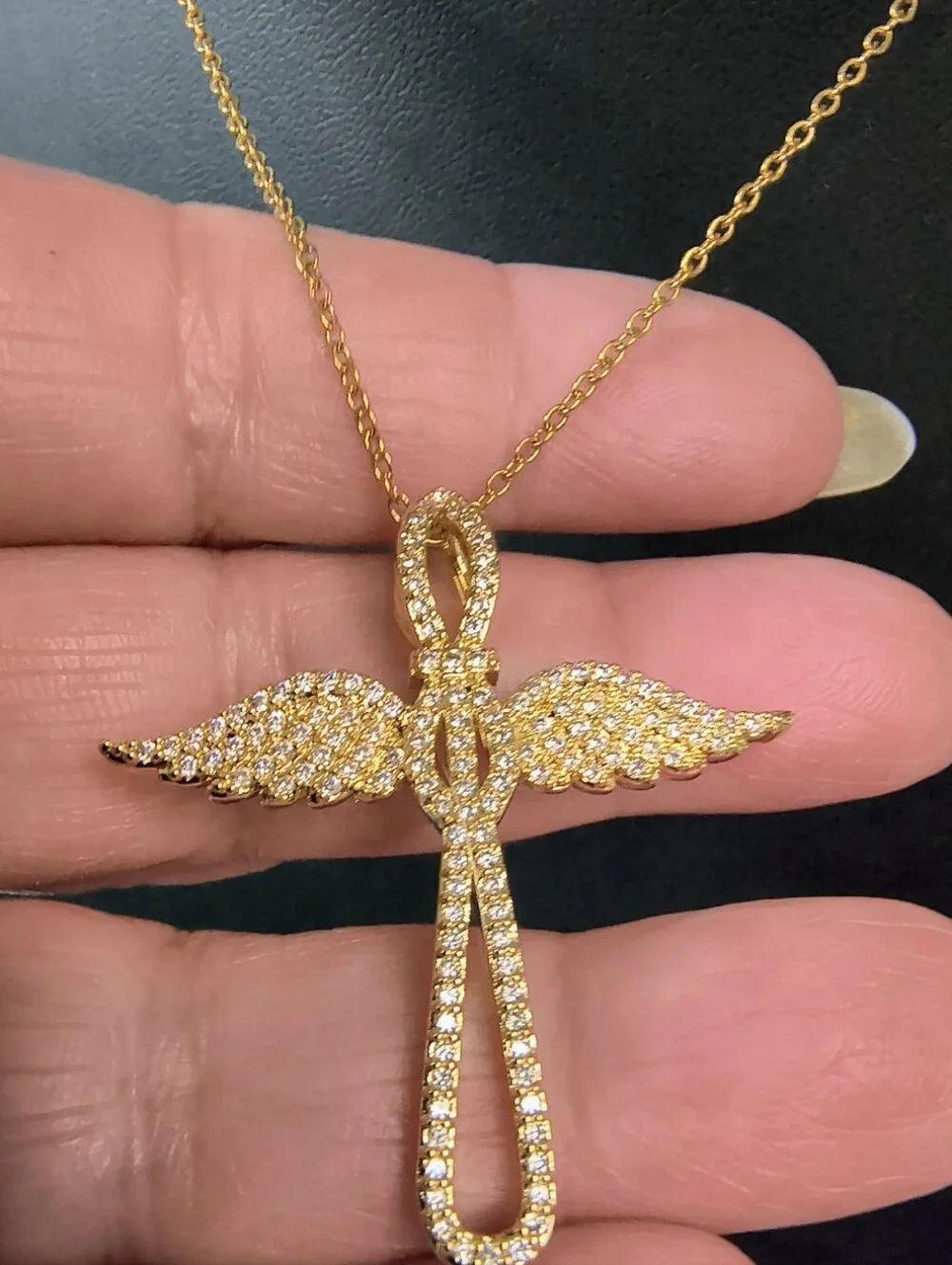 18K Gold Over Stainless Steel Angel Wing Cross Necklace CZ Christian Faith 18+2